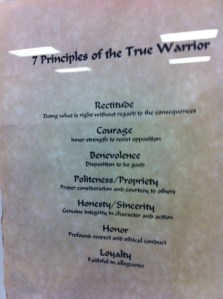 Rectitude, Courage, Benevolence, Politeness, Honesty, Honor, and Loyalty